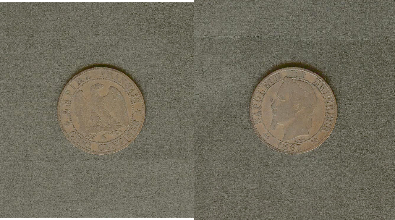 Cinq centimes Napoléon III, tête laurée 1863 Bordeaux TB à TTB